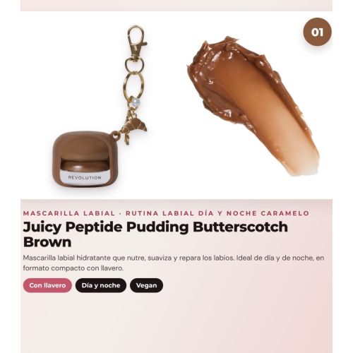 Makeup Revolution - Set de Mascarilla labial Juicy Peptide Pudding - Butterscotch Brown + Bálsamo labial Juicy Peptide - Latte + Aceite para labios Glaze Oil - Lust Clear