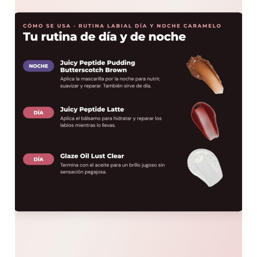 Makeup Revolution - Set de Mascarilla labial Juicy Peptide Pudding - Butterscotch Brown + Bálsamo labial Juicy Peptide - Latte + Aceite para labios Glaze Oil - Lust Clear