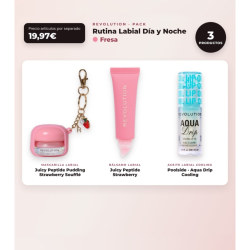 Makeup Revolution - Set de Mascarilla labial Juicy Peptide Pudding - Strawberry Soufflé + Bálsamo labial Juicy Peptide - Strawberry + Aceite labial Aqua Drip Cooling
