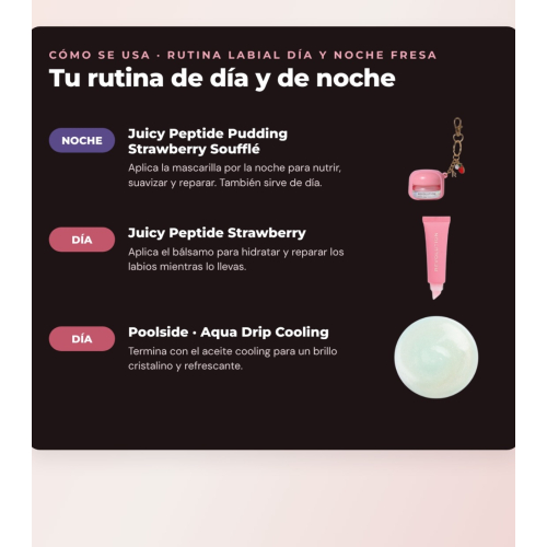 Makeup Revolution - Set de Mascarilla labial Juicy Peptide Pudding - Strawberry Soufflé + Bálsamo labial Juicy Peptide - Strawberry + Aceite labial Aqua Drip Cooling