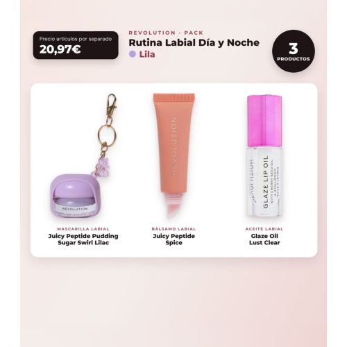 Makeup Revolution - Set de Mascarilla labial Juicy Peptide Pudding - Sugar Swirl Lilac + Bálsamo labial Juicy Peptide - Spice + Aceite para labios Glaze Oil - Lust Clear