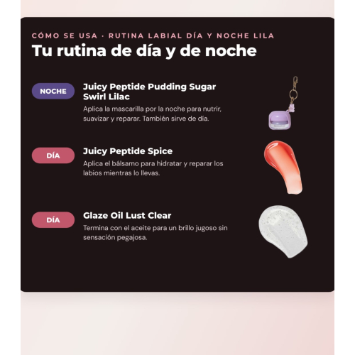 Makeup Revolution - Set de Mascarilla labial Juicy Peptide Pudding - Sugar Swirl Lilac + Bálsamo labial Juicy Peptide - Spice + Aceite para labios Glaze Oil - Lust Clear