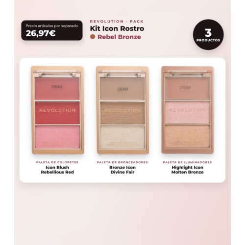 Makeup Revolution - Set de Paleta de coloretes Icon Blush - Rebellious Red + Paleta de bronceadores Bronze Icon - Divine Fair + Paleta de iluminadores Highlight Icon - Molten Bronze
