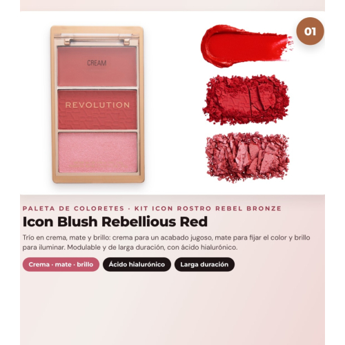Makeup Revolution - Set de Paleta de coloretes Icon Blush - Rebellious Red + Paleta de bronceadores Bronze Icon - Divine Fair + Paleta de iluminadores Highlight Icon - Molten Bronze
