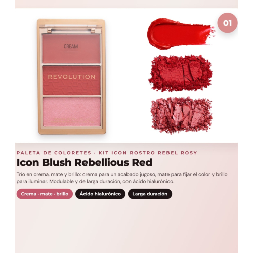 Makeup Revolution - Set de Paleta de coloretes Icon Blush - Rebellious Red + Paleta de bronceadores Bronze Icon - Divine Fair + Paleta de iluminadores Highlight Icon - Rosy Gold Glow