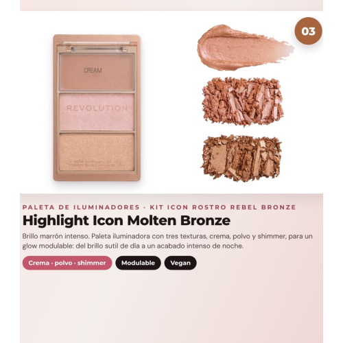 Makeup Revolution - Set de Paleta de coloretes Icon Blush - Rebellious Red + Paleta de bronceadores Bronze Icon - Divine Fair + Paleta de iluminadores Highlight Icon - Molten Bronze