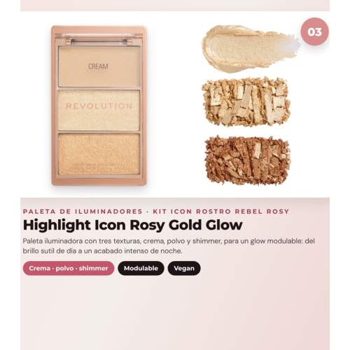 Makeup Revolution - Set de Paleta de coloretes Icon Blush - Rebellious Red + Paleta de bronceadores Bronze Icon - Divine Fair + Paleta de iluminadores Highlight Icon - Rosy Gold Glow
