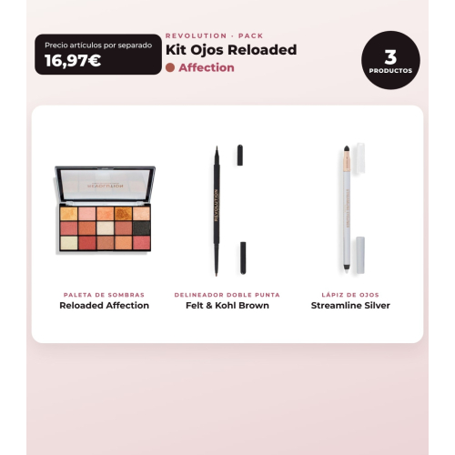 Makeup Revolution - Set de Paleta de sombras Reloaded - Affection + Delineador de ojos Felt & Kohl Precision Dual Liner - Brown + Delineador de ojos Streamline Waterline Eyeliner Pencil - Silver