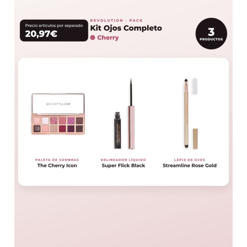 Makeup Revolution - Set de Paleta de sombras The Cherry Icon + Delineador de ojos líquido Super Flick - Black + Delineador de ojos Streamline Waterline Eyeliner Pencil - Rose Gold