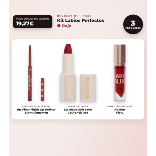 Makeup Revolution - Set de Perfilador de labios IRL Filter Finish Lip Definer - Burnt Cinnamon + Barra de labios satinada Lip Allure Soft Satin - CEO Brick Red + Labial líquido mate Air Blur - Fiery
