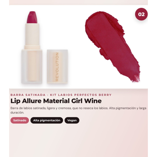 Makeup Revolution - Set de Perfilador de labios Pout Liner - Deepest Mauve + Barra de labios satinada Lip Allure - Material Girl Wine + Aceite labial en barra Jelly - Watermelon Crush Red