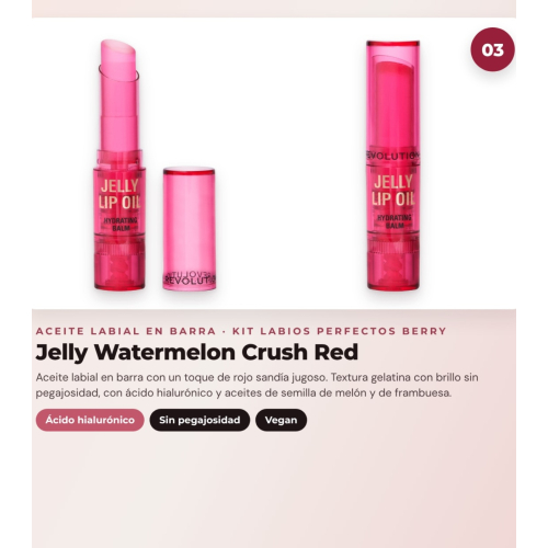 Makeup Revolution - Set de Perfilador de labios Pout Liner - Deepest Mauve + Barra de labios satinada Lip Allure - Material Girl Wine + Aceite labial en barra Jelly - Watermelon Crush Red