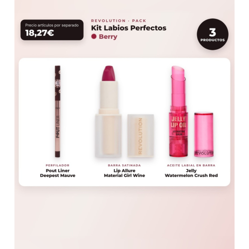 Makeup Revolution - Set de Perfilador de labios Pout Liner - Deepest Mauve + Barra de labios satinada Lip Allure - Material Girl Wine + Aceite labial en barra Jelly - Watermelon Crush Red