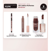 Makeup Revolution - Set de Perfilador de labios Pout Liner - Espresso Cool Brown + Labial líquido IRL Whipped Lip Crème - Espresso Nude + Brillo de labios con Shimmer Pout Bomb - Chocolate Sparkle
