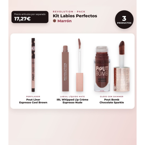 Makeup Revolution - Set de Perfilador de labios Pout Liner - Espresso Cool Brown + Labial líquido IRL Whipped Lip Crème - Espresso Nude + Brillo de labios con Shimmer Pout Bomb - Chocolate Sparkle