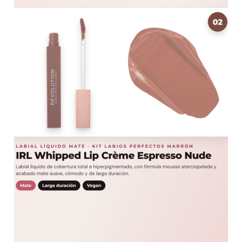 Makeup Revolution - Set de Perfilador de labios Pout Liner - Espresso Cool Brown + Labial líquido IRL Whipped Lip Crème - Espresso Nude + Brillo de labios con Shimmer Pout Bomb - Chocolate Sparkle