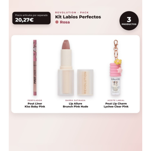 Makeup Revolution - Set de Perfilador de labios Pout Liner - Kiss Baby Pink + Barra de labios satinada Lip Allure - Brunch Pink Nude + Aceite labial Pout Lip Charm - Lychee Clear Pink