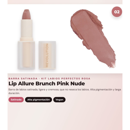 Makeup Revolution - Set de Perfilador de labios Pout Liner - Kiss Baby Pink + Barra de labios satinada Lip Allure - Brunch Pink Nude + Aceite labial Pout Lip Charm - Lychee Clear Pink
