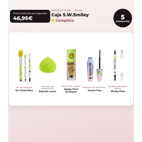 Makeup Revolution - Set *S.W.Smiley* - Brochas On Cloud Nine + Esponja de maquillaje suave + Brillo de labios Happy Pout + Máscara de pestañas Dazzle Pop + Delineador de ojos Winky Flick Double-Ended