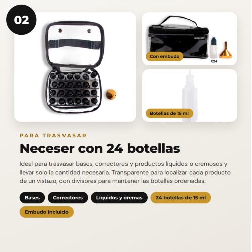 MQBeauty - Pack Makeup Artist con Delantal, Neceser Transparente de 24 Botellas y Bolsa para Brochas para Maquilladores Profesionales y Estudiantes
