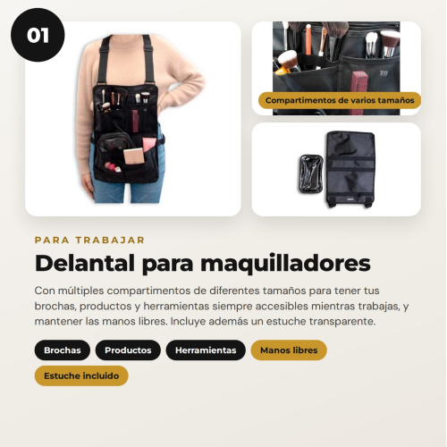 MQBeauty - Pack Makeup Artist con Delantal, Neceser Transparente de 24 Botellas y Bolsa para Brochas para Maquilladores Profesionales y Estudiantes
