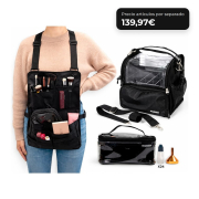 MQBeauty - Pack Makeup Artist con Delantal, Neceser Transparente de 24 Botellas y Bolsa para Brochas para Maquilladores Profesionales y Estudiantes