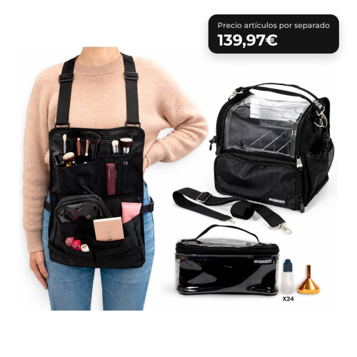 MQBeauty - Pack Makeup Artist con Delantal, Neceser Transparente de 24 Botellas y Bolsa para Brochas para Maquilladores Profesionales y Estudiantes