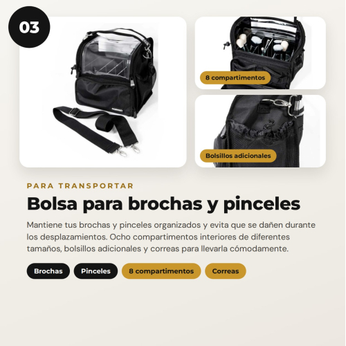 MQBeauty - Pack Makeup Artist con Delantal, Neceser Transparente de 24 Botellas y Bolsa para Brochas para Maquilladores Profesionales y Estudiantes