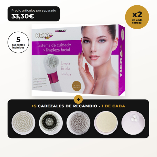Pack NEXA Lite de MQBeauty – Sistema de Limpieza Facial por Vibración + 5 Cabezales de Recambio (10 Cabezales en Total)