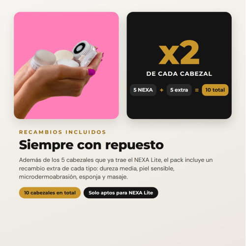 Pack NEXA Lite de MQBeauty – Sistema de Limpieza Facial por Vibración + 5 Cabezales de Recambio (10 Cabezales en Total)