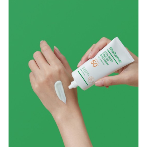 Real Barrier - Protector solar con centella asiática CICA Green Tone-Up SPF 50 PA++++ - Piel sensible y con rojeces