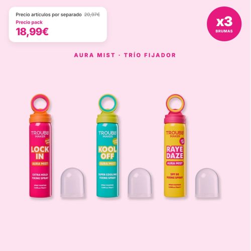 Trouble Maker - Pack 3 Brumas Fijadoras de Maquillaje Lock In, Kool Off y SPF50 Raye Daze