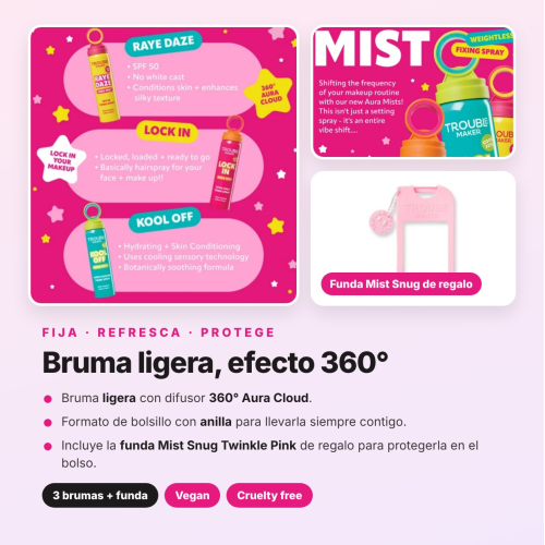 Trouble Maker - Pack 3 Brumas Fijadoras de Maquillaje Lock In, Kool Off y SPF50 Raye Daze