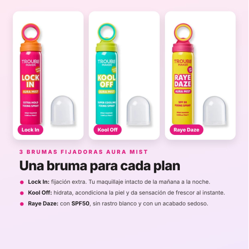 Trouble Maker - Pack 3 Brumas Fijadoras de Maquillaje Lock In, Kool Off y SPF50 Raye Daze