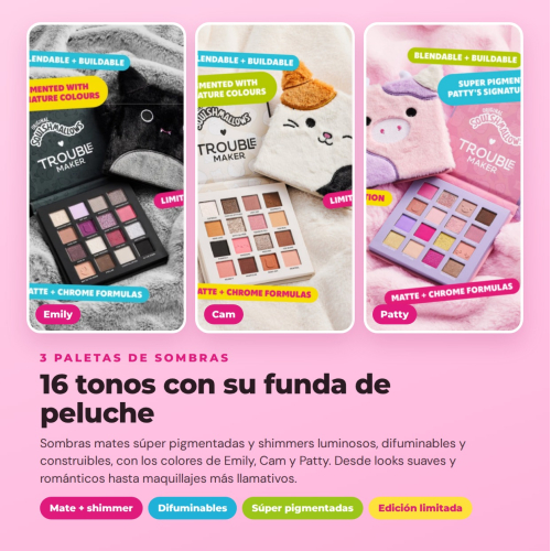 Trouble Maker x Squishmallows - Colección Completa Edición Limitada - 14 Productos: 3 Paletas de Sombras + Máscara de Pestañas + 3 Aceites Labiales + 3 Brillos de Labios + 4 Brumas Faciales