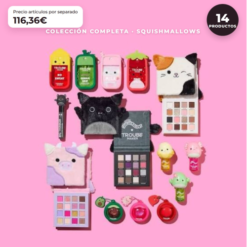 Trouble Maker x Squishmallows - Colección Completa Edición Limitada - 14 Productos: 3 Paletas de Sombras + Máscara de Pestañas + 3 Aceites Labiales + 3 Brillos de Labios + 4 Brumas Faciales