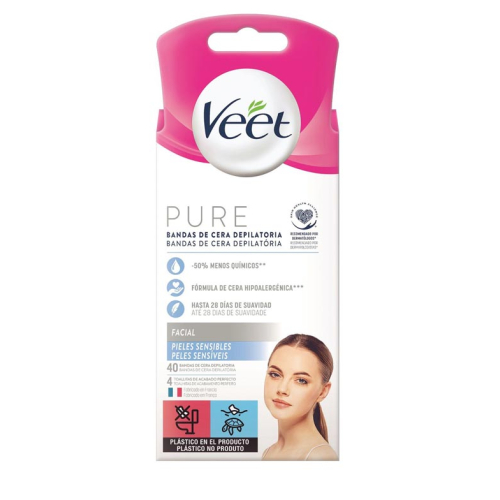 Veet - Bandas de cera depilatoria faciales Pure - Pieles sensibles (40u)
