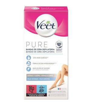 Veet - Bandas de cera depilatoria Piernas y Cuerpo Pure - Pieles sensibles (40u)