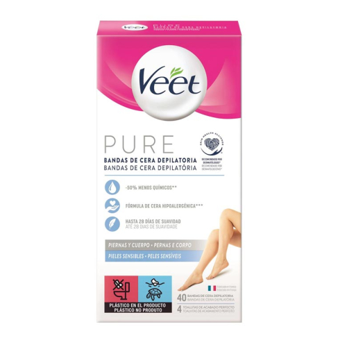 Veet - Bandas de cera depilatoria Piernas y Cuerpo Pure - Pieles sensibles (40u)